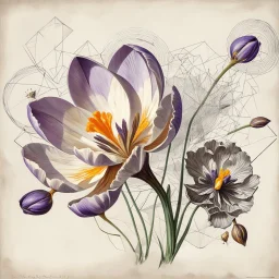 vintage botanical drawing of a large crocus flower, with a whimsical and surreal art style, dramatic lighting effects, and a touch of modern realism combined with abstract geometric art, resembling a soft watercolor painting with muted tones