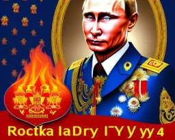 Russia president Vladimir Putin devil fangs blood and Moscow in fire with roket