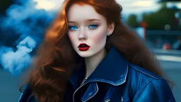 beautiful natural redhead with smoky eyes makeup, blue eyes, in the 80s high school, smoking in the parking lot. Looks like young Devon Aoki. black dress and denim jacket