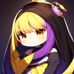 Clear focus, High resolution,a anime kid, roughline skecth, cute, cartoony style, brown long hair, yellow eyes, 1 yellow streak in hair, Half Chibi, only head no body, 2girl, black long hair, pruple eye, 1 purple streak in haie, half chibi, only head no body