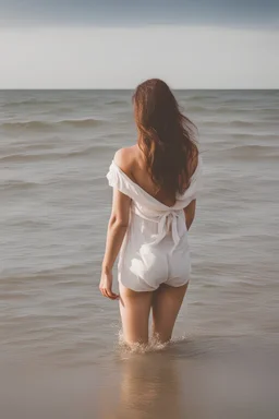 A young brunette woman in water at a beach at sylt. Her back is to the camera