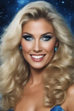 full color, facial portrait, smiling Heather Thomas with (((Blonde Hair))), (((blue eyes))), 32k, UHD, Professional Photo -- Botany - Starry - Retro Pop - Dark Fantasy - Horror - Festive - Realistic - 32k, UHD, professional quality, 8 x 10 digital photograph