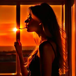 A silhouette of a sensual tender girl longing for a kiss, looking at the sunset from the window that creates her shadow.