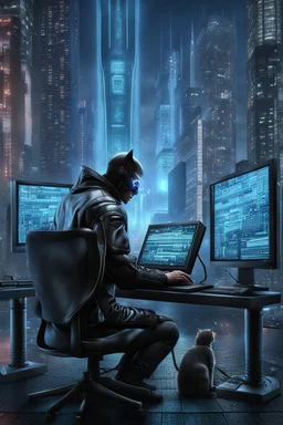 cyberpunk programmer black_Cat_Typing_on_computer_background binary codes, surrounded_by_mindent_3D_binary matrix codes and neutron mesh_etheral, Paranoid_sci-fi_in background_a_tall_cyberpunk_city, the cat-man watchings monitor, Hyperrealistic texture, high detail, Sinister, cold dynamic lighting, dark-neon colors, Ultra_HD_intense_focus