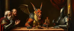 portrait painted by Rembrandt, stupid looking fire breathing dragon fox in chains and knights armor at banquet