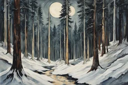 Painting of a snow draped haunted giant redwood forest , pierced by shafts of pale moonlight , in the Expressionist style of Egon Schiele, Oskar Kokoschka, and Franz Marc, in muted natural colors