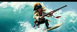 pirate shotgun mozart playing with his wig, looking hot and crazy on a surfboard on a big wave