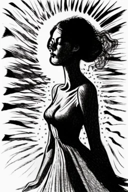 A hauntingly beautiful ink drawing of a woman in a summer dress, her face illuminated by the sun's rays.