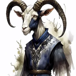 dnd, fantasy, watercolour, large strokes, stylistic, portrait, illustration, dull colours, feminine black goat in a human medieval suit
