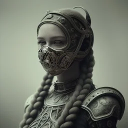 A viking girl with a mask, hr giger, scary, steam punk, realistic, made in octane, cinematic, ultra-realistic, extremely detailed octane rendering, 8K, VRAY Super Real ar 2:3, dof photorealistic futuristic 50mm lens hard lighting dark gray tintype photograph, realistic lighting, sepia color