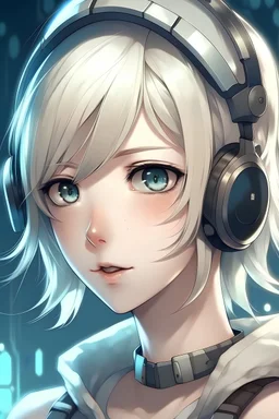 A blonde girl with a bit shorter hair than shoulder length but longer than bob who is a gamer and has a blindfold on with a pair of white headsets on her head. She also has baby blue eyes and almost looks like Nier Automata