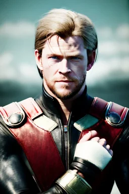 retro portrait image from 1960, sky background, wind, extra long blonde hair, fighting stance, young Chris Hemsworth, clean shave face, black dress, classic long tight lycra black suit, red cap, platinum lycra with scales on the arms, gold bracelet and belt, high boots, soft color, highly detailed, unreal engine 5, ray tracing, RTX, lumen lighting, ultra detail, volumetric lighting, 3d, finely drawn, high definition, high resolution.