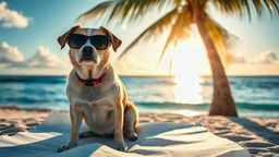 for real world a dog with a sunglasses sit in front of the sun near of the tree in the beach.the dog is sitting on the paper which is blue and white.