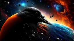 Crow in a space an the background of planets,