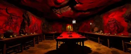 An orangish red Oni themed hibachi restaurant in the lava caverns painted by Guo Xi