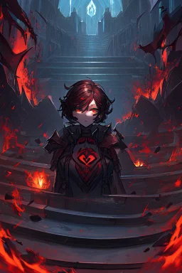 scarred cyberpunk vampire girl with tribal tattoos short curly dark cyberpunk hair descending the staircase in decaying dark mansion on fire