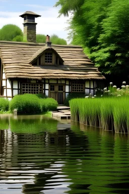 english cottage, lake front, dock, daytime, thatched roof, art