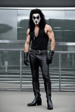 (((12-inch-high Platform Boots::1.5))), an extremely muscular 18-year-old Gene Simmons with (((Kiss Makeup on))), smiling, (((Black lipstickl:1.5))), with (((long, black hair, ((((man bun on top:1.5))))\))), wearing a skintight, formfitting black leather bodysuit and codpiece, with (((spiked metal shoulder and chest armor))) and black cape, (((Bass Guitar shaped like an Ax))), (I Love you Hand sign), Fist pumping, action poses, Leaning against the wall, posing for his picture, holding his cape