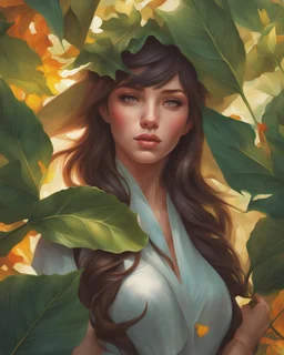 a painting of a woman surrounded by leaves, featured on artgerm, as seen on artgerm, artgerm 4 k, beautiful fantasy art portrait, extremely detailed artgerm, realistic cute girl painting, artgerm and rossdraws, beautiful anime portrait, artgerm and james jean, stanley artgerm lau, artgerm. anime illustration