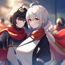 Clear Focus, High resolution, white fluffy short hair with one red streak in hair, ahoge, wearing a red black and golden scarf, short sleeve is white and a slight hint of red, top half of body is a samurai outfit, one side is white and other is black and red, sleeve 2 is black but the at the end its a wavy gold, wearing a black short skirt,