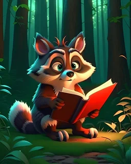 frightened, in the forest, boyaguz, a cute little raccoon who stole a magic book, 2 characters, anime, cartoon, light effect, cute, quirky cute, lighting is smooth, in 3d animation, 6 similar pictures