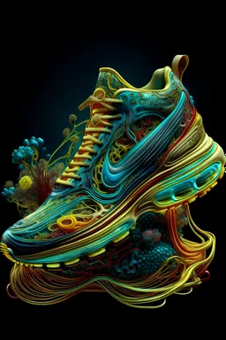 a stunning interpretation of Nike shoe sneaker, made of jellyfish, advertisement, solarpunk, highly detailed and intricate, golden ratio, very colorful, hypermaximalist, ornate, luxury, high heels, futurist, vanguard, style Dior