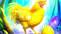 Fantasy digital illustration: = one magical hen that laid golden eggs