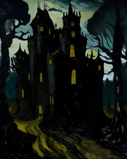 A giant black shadow castle painted by Vincent van Gogh