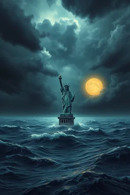 Hyperrealistic illustration of the Statue of Liberty sinking in a vast ocean, with waves gently lapping against it. The sky is dark and stormy, with heavy, ominous clouds swirling above. In the distance, a s nuke exploration glows softly, surrounded by a faint golden halo, contrasting with the dramatic, turbulent atmosphere. The overall scene should be moody and surreal, with intricate textures on the chess piece to highlight its grandeur and mystery.