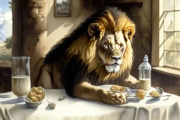 Lion sitting at a table eating garlic bulbs and drinking milk. Highly detailed, smooth colours, realistic landscape. Aquarell