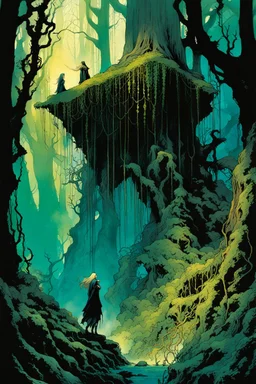 create a wildly conceptual illustration of sorceress coven gathering in an ethereal, otherworldly , darkened, ancient forest draped in hanging moss and climbing vines, in the comic book art style of Bill Sienkiewicz, Mike Mignola, Sparth, and Jean Giraud Moebius, finely drawn, colored and inked, suffused with dramatic natural light and shadow under a midnight blue moon