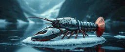 airbrush 3d rendering, close up chrome cd lobster space ship on small frozen island in lake, pinhole cam, background motion blur