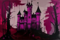 A dark magenta mysterious Halloween themed castle painted by Piet Mondrian