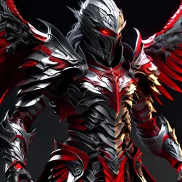 silver and crimson knight armor with glowing red eyes, and a ghostly red flowing cape, crimson trim flows throughout the armor, the helmet is fully covering the face, black and red spikes erupt from the shoulder pads, crimson and gold angel wings are erupting from the back, crimson hair, spikes erupting from the shoulder pads and gauntlets