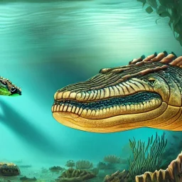 beautiful, stunning paleoart of serpentine eel with alligator head swimming underwater, coral reefs, plants, in the style of eleanor kish, davide bonadonna, julius csotony, fabio pastor, wide field of view, Masosaurus, photorealistic, illustrative, digital art, 8k resolution, detailed matte, painting, artwork, deviantart