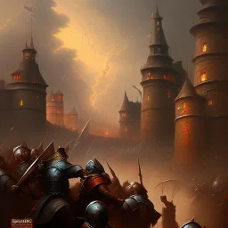 frank frazetta style, medieval town walls in battle, storm