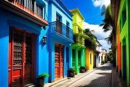 Create an image showcasing the vibrant colors of the streets of Pondicherry, with its unique blend of French and Indian architecture.