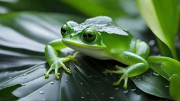 charming light,a glass frog,scattered,translucent banana leaf,award -winning photo,rain,