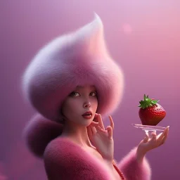 pixar style, volumetric pink sky environment and background, volumetric lighting, dramatic lighting, realistic painting of an strawberry and a beautiful woman holding a jam glas, looking excited, detailed digital painting, extreme dense and fine fur, anime, ornate, colour-washed colors, elegant, small minutiae, tiny features, particulars, centered, smooth, sharp focus, renderman gofur render, 8k, uhd, detailed eyes, realistic shaded volumetric lighting, caustics, backlight, centered camera view