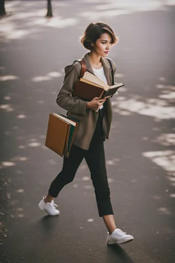 portrait pint of color photo of a student girl 22 years old ,short hair with her books in her hand walking in street,next to trees.