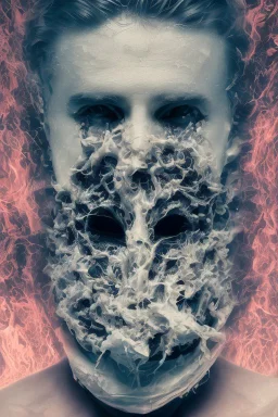 A realistic , 8k high quality image of a person's face from above, face is covered with a plastic, can't breath, suffocating with the face showing like vacuumed under the plastic, eyes open and looking in fear, metaphorically depicting the suffocating grip of anxiety, gothic and dramatic, chaos80 , with debree flying around, abstract