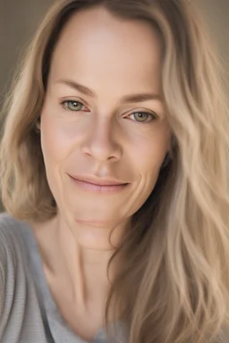 A selfie of a woman, middle blond hair, showing a 39-year-old European woman. She has brown hair, face without makeup, cute nose, detailed full lips, skin texture. Natural lighting and low contrast