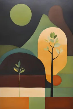 Eco-Minimalism" - Depict the idea of sustainability and eco-consciousness in a minimalist painting that incorporates organic shapes and earthy colors with vibrant dark shades