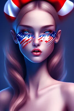 girl, cute, beautiful, American flag dress, long hair, digital art, close up, portrait