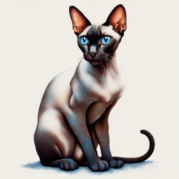 beautiful blue eyed, tall ,long legged, slender, elegant, sophisticated, sphynx-like chocolate point siamese cat expressionism pointillism style