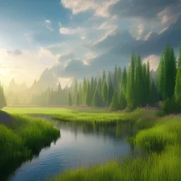 landscape 8k ultra realistic, beautiful, grass meadow with river, in a pastel style