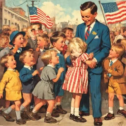 Nostalgic images with Norman Rockwell illustration style. Depicting of American kids mingling with Swedish kids. I love their funny expression.