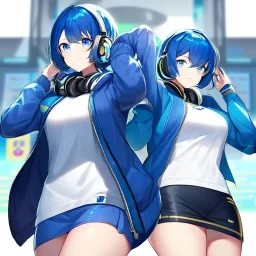 Clear focus,High resolution, Vibrant short blue hair, Vibrant blue eyes, Wearing a short skirt, Wearing a jacket, Wearing headphones