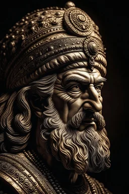 portrait ancient Cyrus the great Persian King, very close to his real picture from ancient books, persian Ornaments ,hyper realism, realistic, highly detailed, high contrast , sharp. Rembrandt lighting.