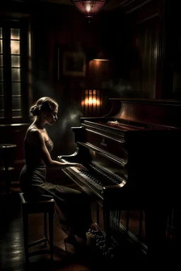 A woman playing a piano in a smoky bar from the 1930s. A nostalgic, moody atmosphere. The pianist is elegantly dressed. The lighting is dim and sultry, casting soft shadows across the room, highlighting the swirls of smoke and the reflective surface of the piano. The image is rich in texture and depth. The scene is captured as if through a Leica M3 camera for its timeless quality, with attention to the grain and tone of a high-speed film. Henri Cartier-Bresson style